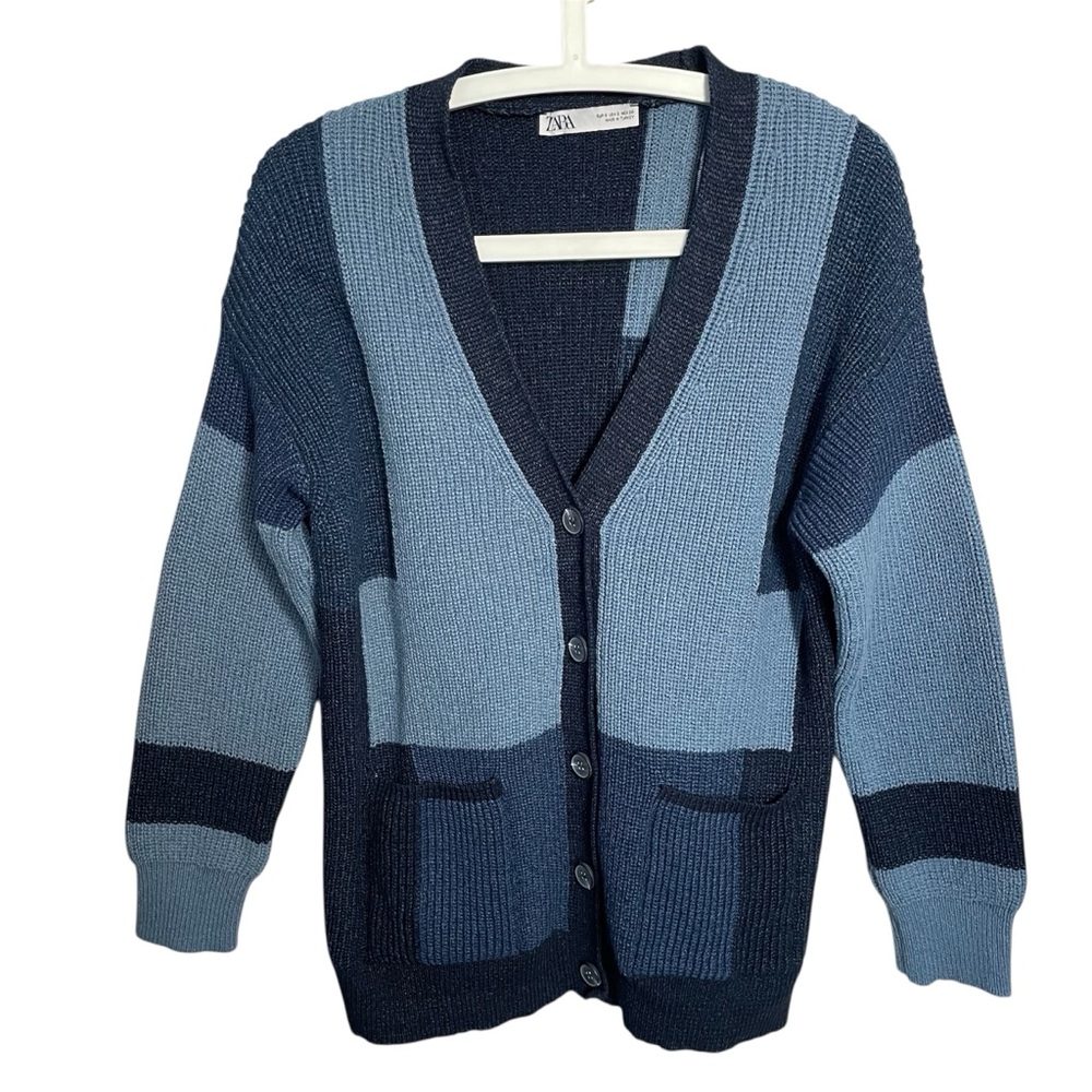 ZARA Patchwork Chunky Knit V Neck Cardigan Sweater Blogger Favorite Size Small